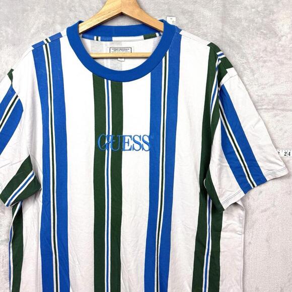 Y2K Guess Originals Striped T-Shirt Blue Green White Size L Embroidered Logo VTG - Picture 1 of 7